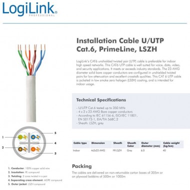 Logilink CQ2100U - 100m Bobina Cat.6 U/UTP RIGIDO LSZH COBRE | Marlex Conexion