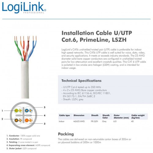 Logilink CQ1305U - 305m Bobina Cat.6 U/UTP RIGIDO LSZH COBRE | Marlex Conexion