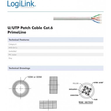 Logilink CPV0021 - 100m Bobina Cat.6 U/UTP FLEXIBLE COBRE | Marlex Conexion