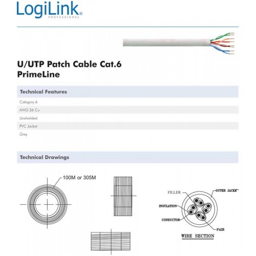 Logilink CPV0021 - 100m Bobina Cat.6 U/UTP FLEXIBLE COBRE | Marlex Conexion