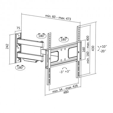 Soporte TV de Pared, inclinación -20º/+10º, Giratorio -90º/+90º, Rotación -3º/+3º, 32-55'', 50 kg