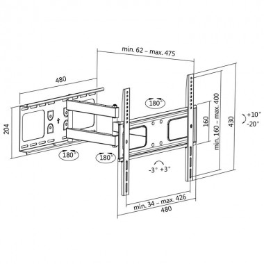 Soporte TV de Pared, incl -20º/+10º, Gir -90º/+90º, Nivel -3º/+3º, 32-55'', 50 kg