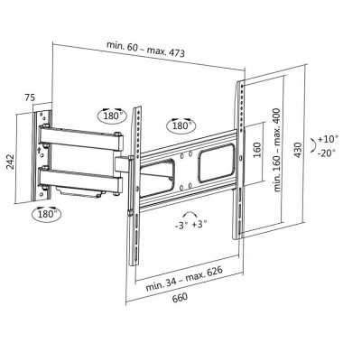 Soporte TV de Pared, inclinación -20º/+10º, Giratorio -90º/+90º, Rotación -3º/+3º, 37-70'', 50 kg