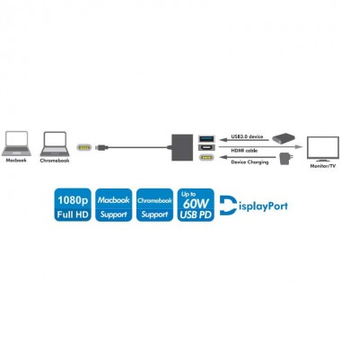 Logilink UA0258 - Conversor USB 3.2 (Gen 1) Tipo C a HDMI, USB, puerto de carga