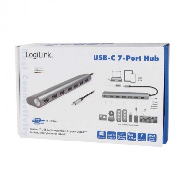 Logilink UA0310 - Hub USB-C 3.1 de 7 puertos USB 3.0 tipo A, Aluminio, Gris