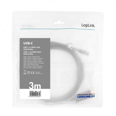 Logilink UA0330 - 3 m Cable USB 3.2 (Gen 1) tipo C Macho a HDMI 4k/60Hz, Negro