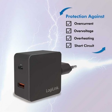 Logilink PA0220 - Cargador USB de Pared USB-C PD y USB-A QC,18W, Negro