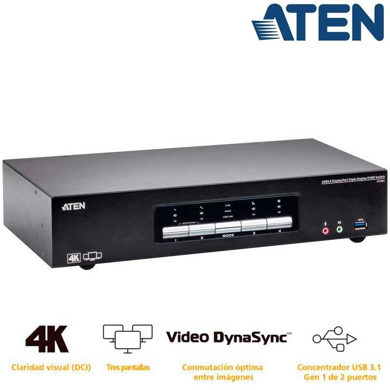 Aten CS1964 - KVM de 4 Puertos USB 3.0 DisplayPort tres pantallas