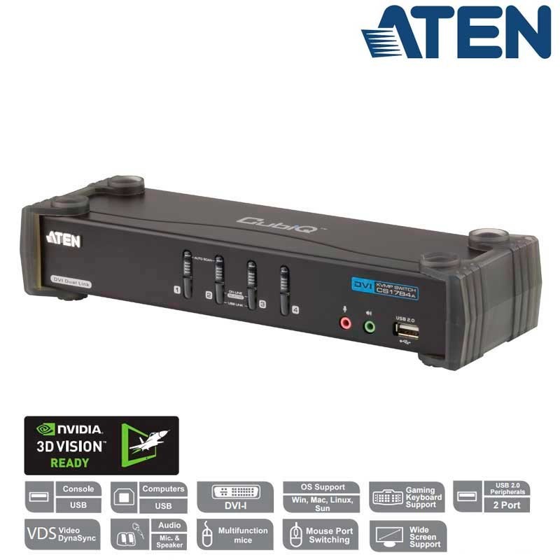 Aten CS1784A - KVM de 4 Puertos USB DVI Dual Link con Audio y Hub USB 2.0