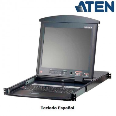 KVM Cat 5e/6 LCD 17'' de 16 Puertos, Dual Rail, para Rack 19'' Teclado Español Aten KL1516AM