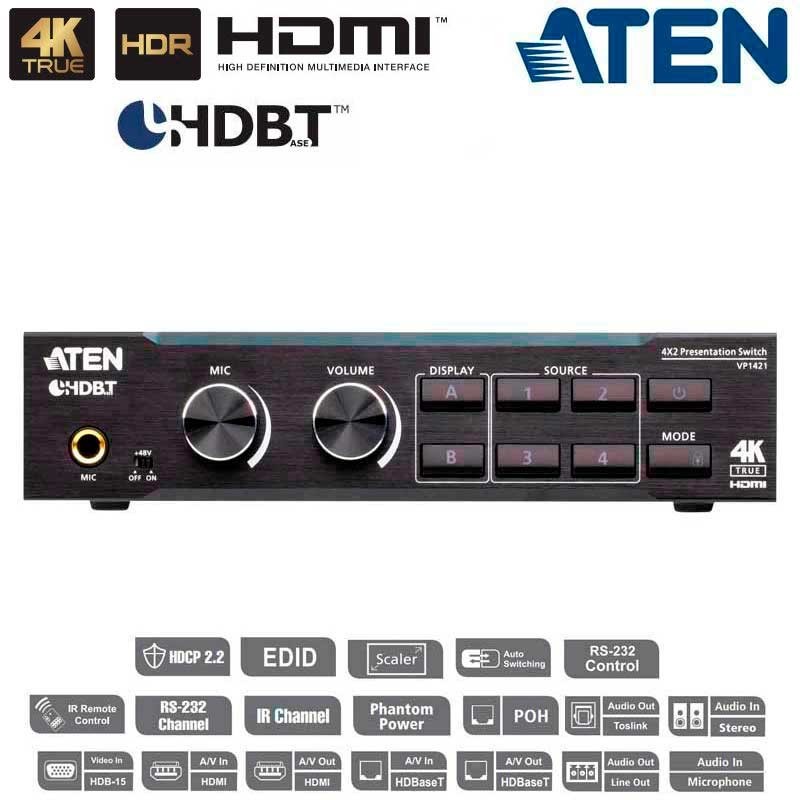 Aten VP1421 - Conmutador Matricial (4 x 2) para presentación 4K Real ,DSP, HDBaseT--Lite