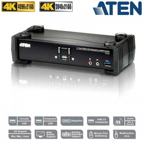 Aten CS1922 - KVM de 2 Puertos USB 3.0 DisplayPort 1.2, 4K con Audio