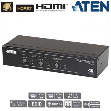 Conmutador Matricial HDMI 4K Real, HDR, 2x2 con desincrustador de audio Aten VM0202HB