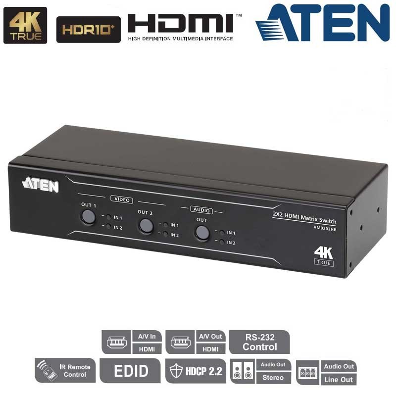 Aten VM0202HB - Conmutador Matricial HDMI  4K Real, 2x2 con desincrustador de audio