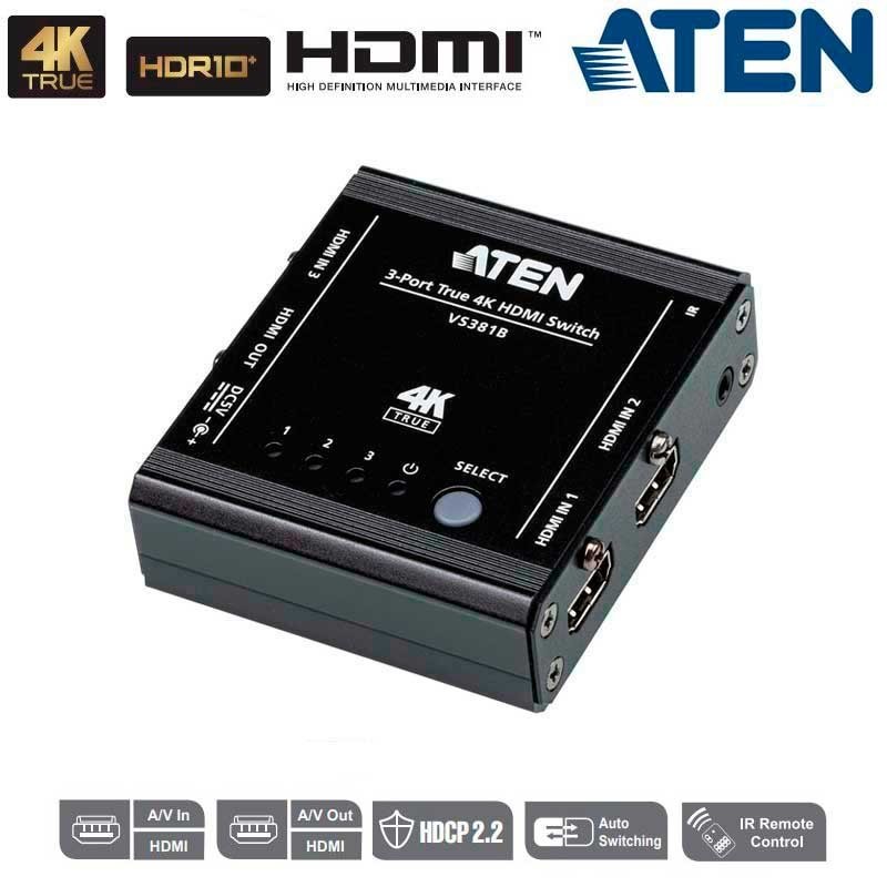 Aten VS381B - Conmutador HDMI 4K real de 3 puertos | Marlex Conexion