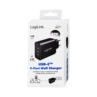 Logilink PA0221 - Cargador USB de Pared 1 USB-C y 3 USB-A , 27W, Negro