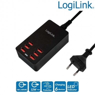 Logilink PA0139 - Cargador de mesa USB, 6 Puertos, 32 W | Marlex Conexion