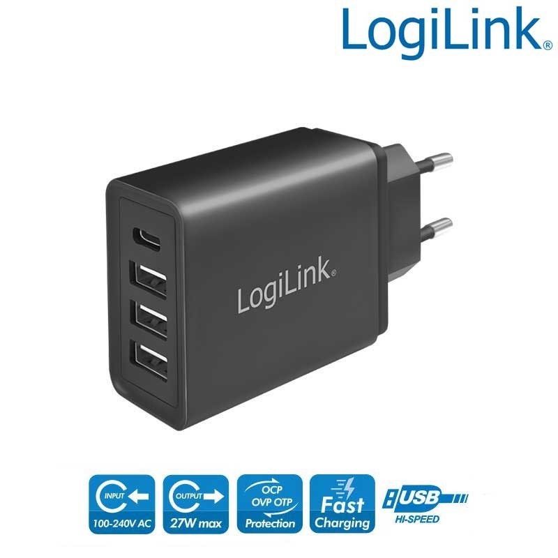 Logilink PA0221 - Cargador USB de Pared 1 USB-C y 3 USB-A , 27W, Negro