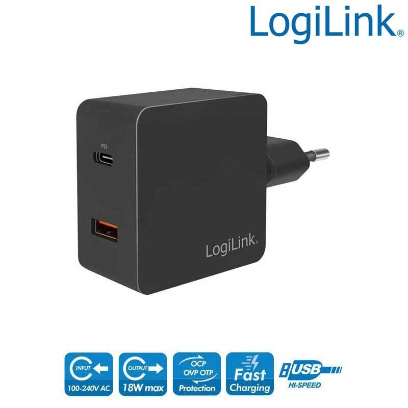 Logilink PA0220 - Cargador USB de Pared USB-C PD y USB-A QC,18W, Negro