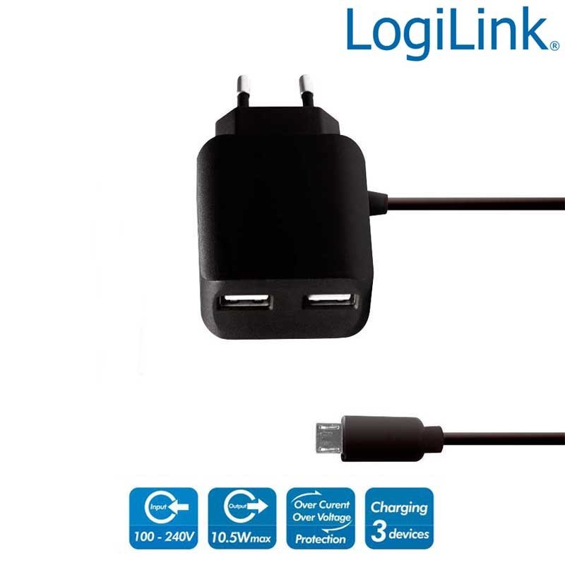 Logilink PA0157 - Cargador USB con cable Micro USB mas 2 puertos USB, 10.5 W, Negro