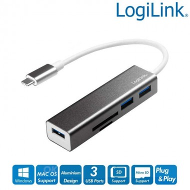 Hub USB-C de 3 puertos USB 3.0 tipo A con lector de tarjetas, Aluminio Logilink UA0305