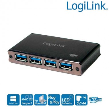 HUB USB 3.0 4 Puertos, Carcasa de Aluminio Logilink UA0282