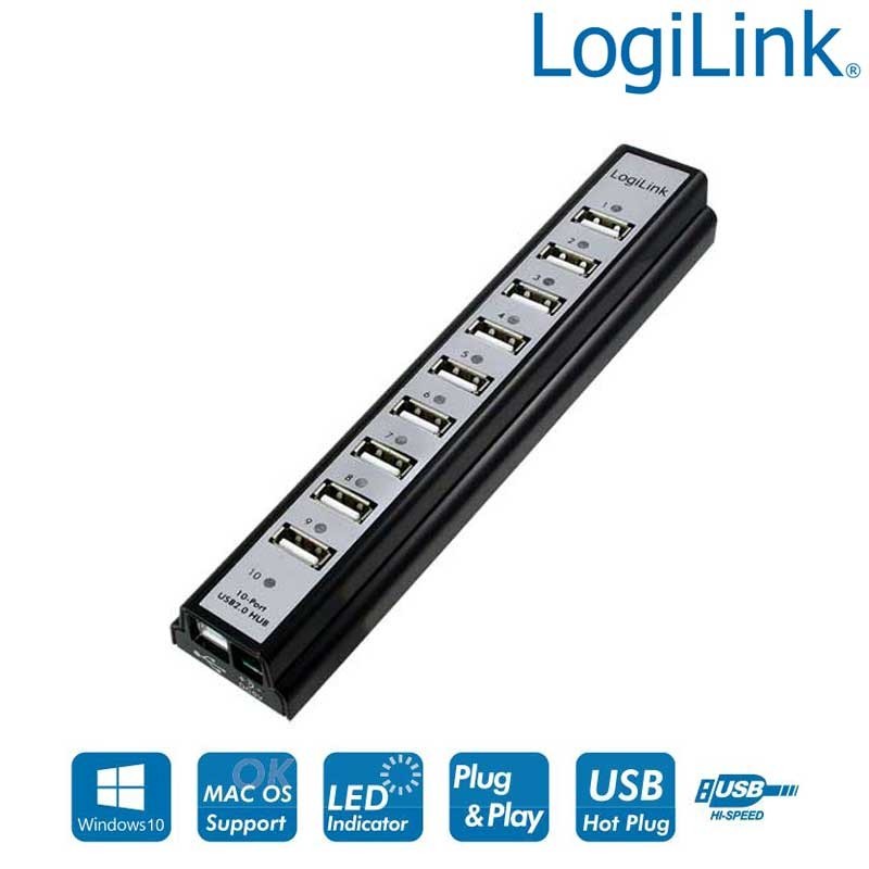 Logilink UA0096 - Hub USB 2.0 de 10 Puertos, Negro | Marlex Conexion