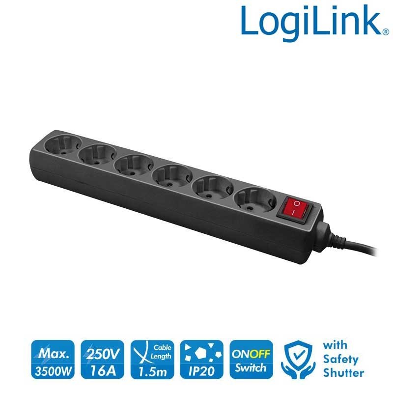 Logilink LPS202B - Regleta de alimentación de 6 tomas con Interruptor, Negro | Marlex Conexion