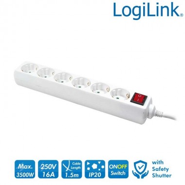 Logilink LPS202 - Regleta de alimentación de 6 tomas con Interruptor Blanco | Marlex Conexion