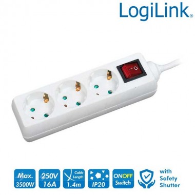 Logilink LPS206 - Regleta de alimentación de 3 tomas con Interruptor Blanco | Marlex Conexion