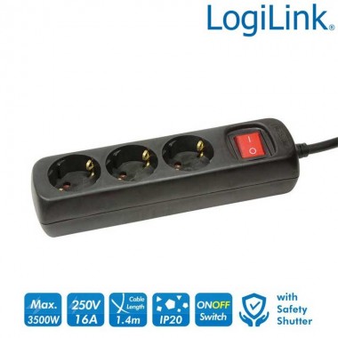 Logilink LPS206B - Regleta de alimentación de 3 tomas con Interruptor, Negro | Marlex Conexion